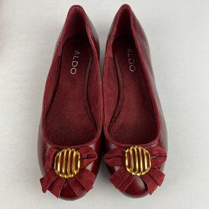Aldo Dark Red Flats Bow Front With Gold Medallion Accent Slip Slide Ballet Shoes